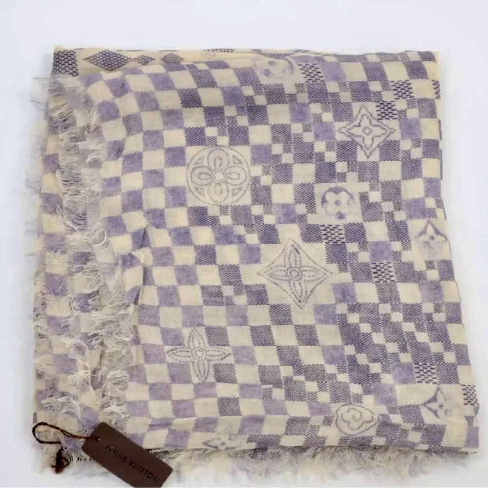 Auth Louis Vuitton Damier Azur Semi Sheer Cashmere / Silk Shawl Stole Wrap Scarf
